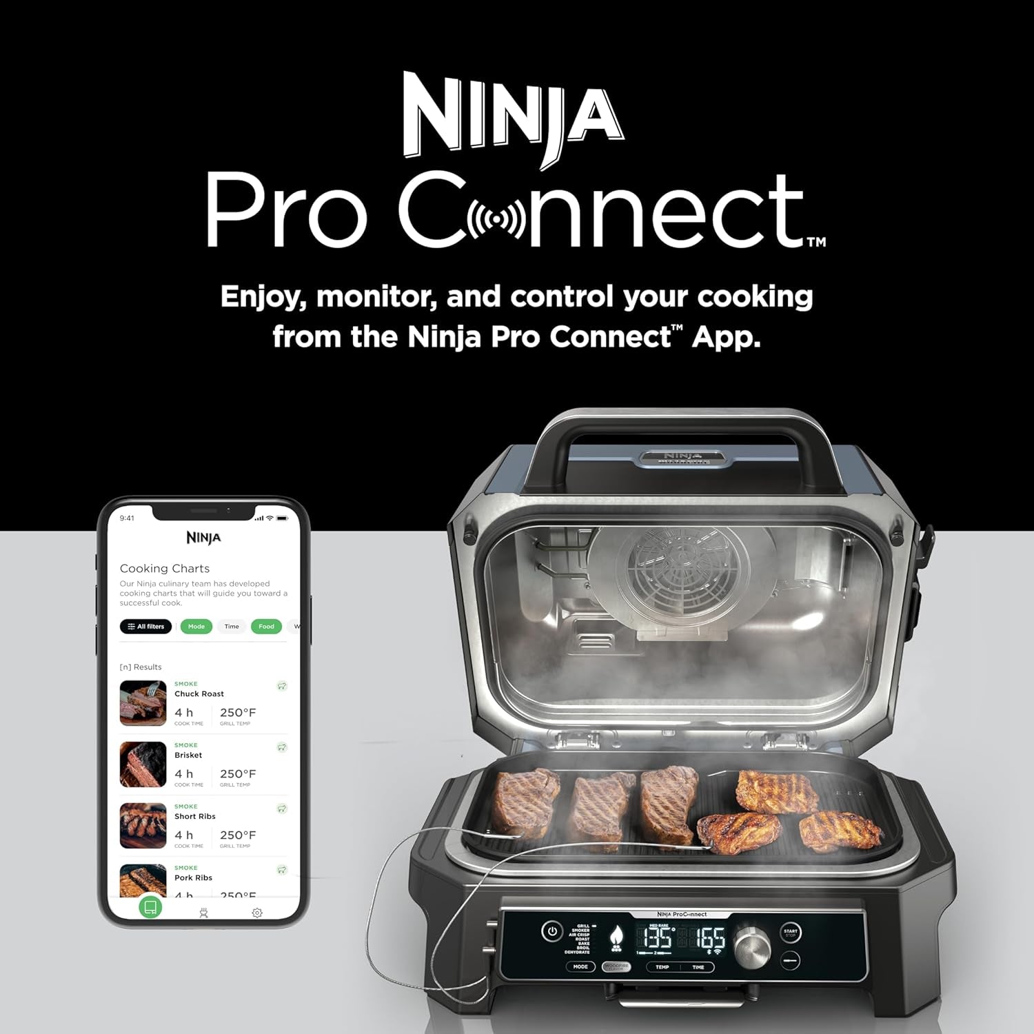 XL Smart Grill Smoker 7 In 1 With App Control Black