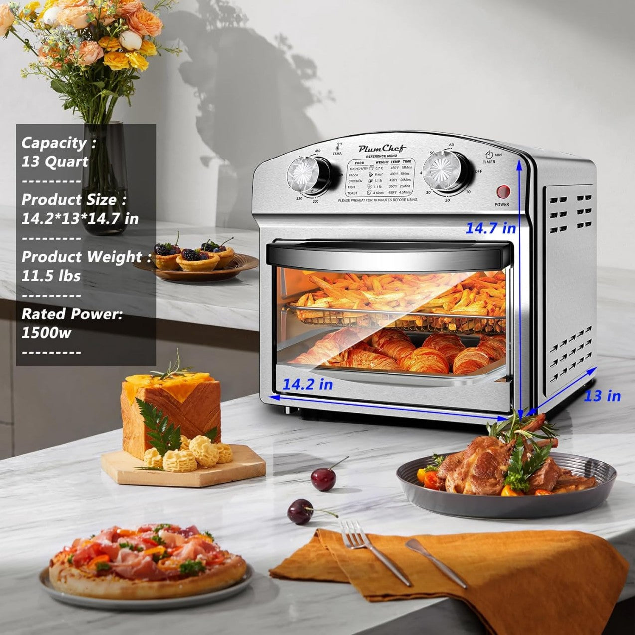 Stainless Steel 12.5 Qt Air Fryer, Dual Knob Control, 60-Min Timer,