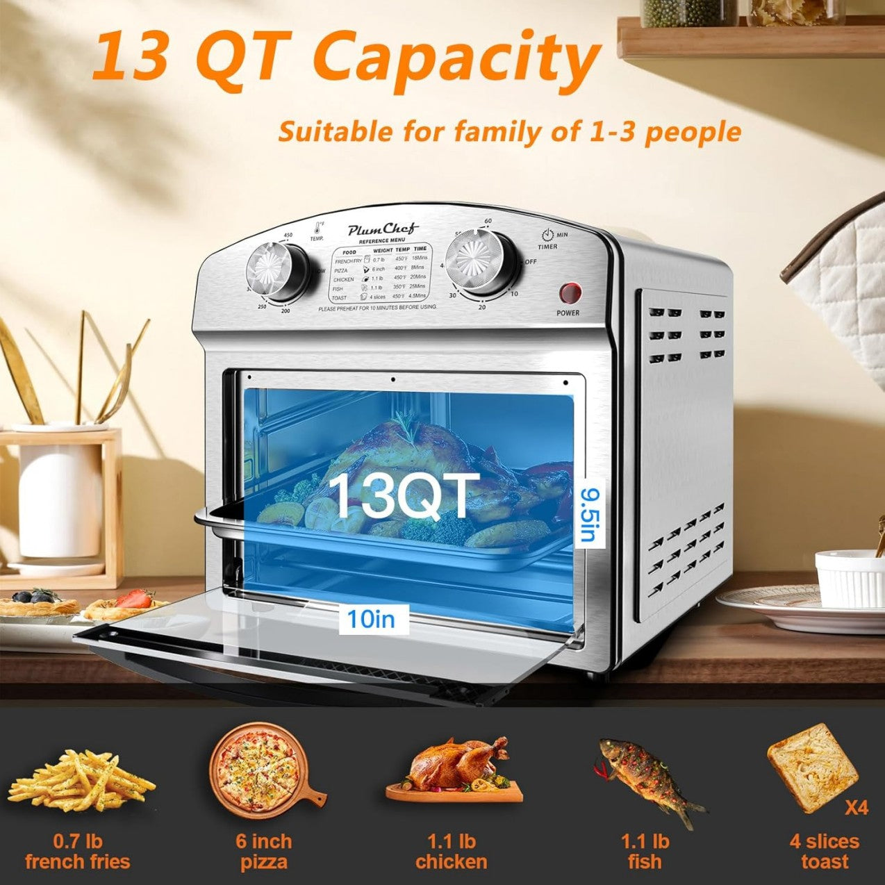 Stainless Steel 12.5 Qt Air Fryer, Dual Knob Control, 60-Min Timer,