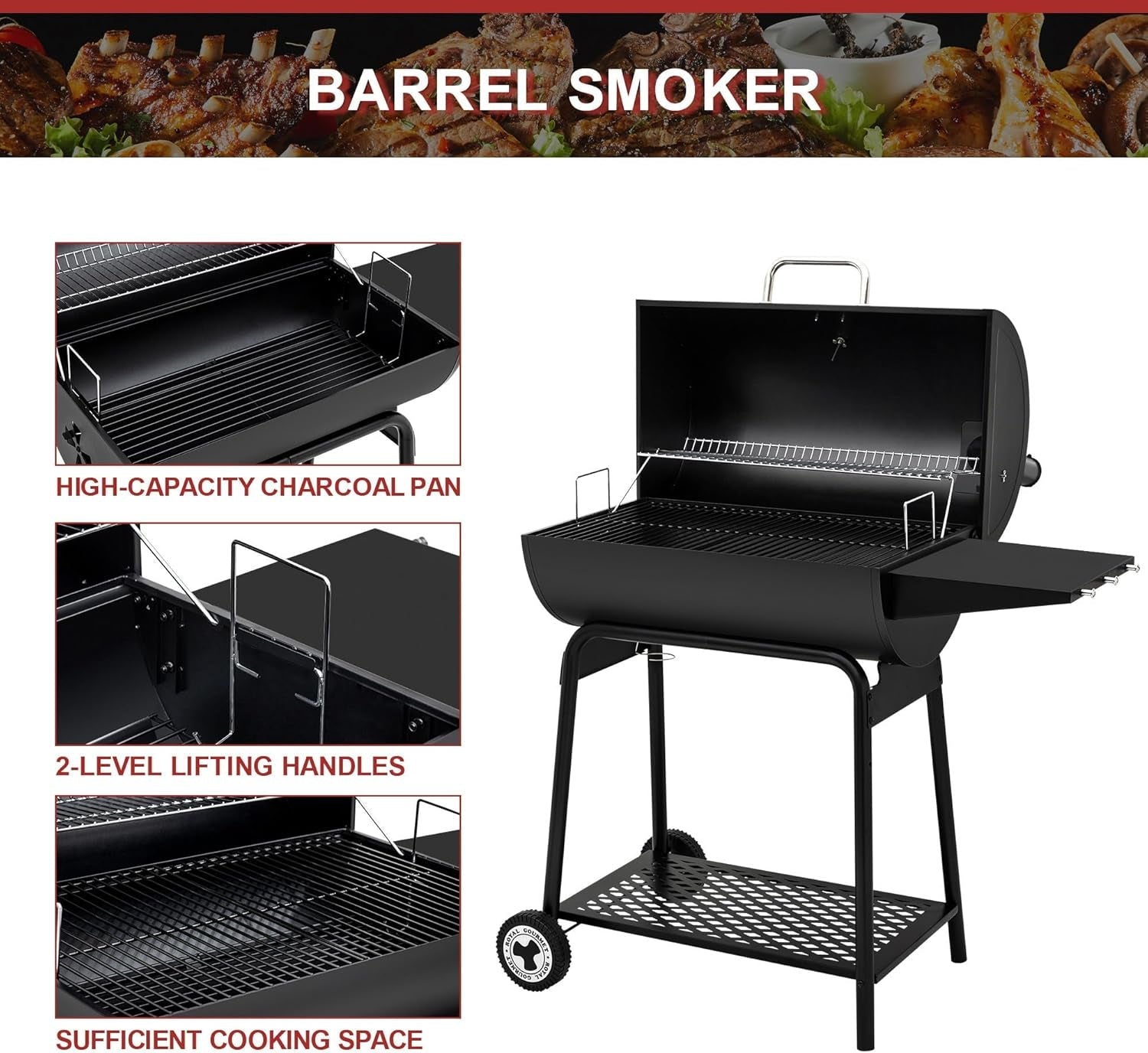 30 Inch Barrel Charcoal Grill With 627 Square Inches Cooking Space