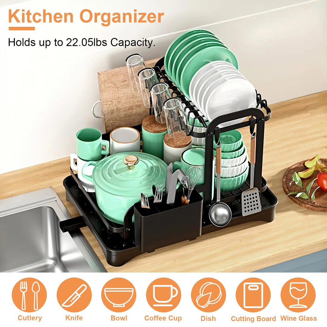 1Pc  2-Tier Dish Drying Rack For Kitchen Counter Space Saving