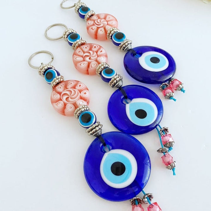 Blue Evil Eye Wall Hanging, Wall Hanging, Home Decoration, Pink Bead