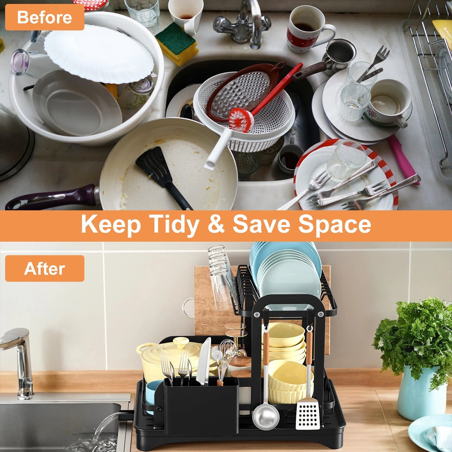1Pc  2-Tier Dish Drying Rack For Kitchen Counter Space Saving