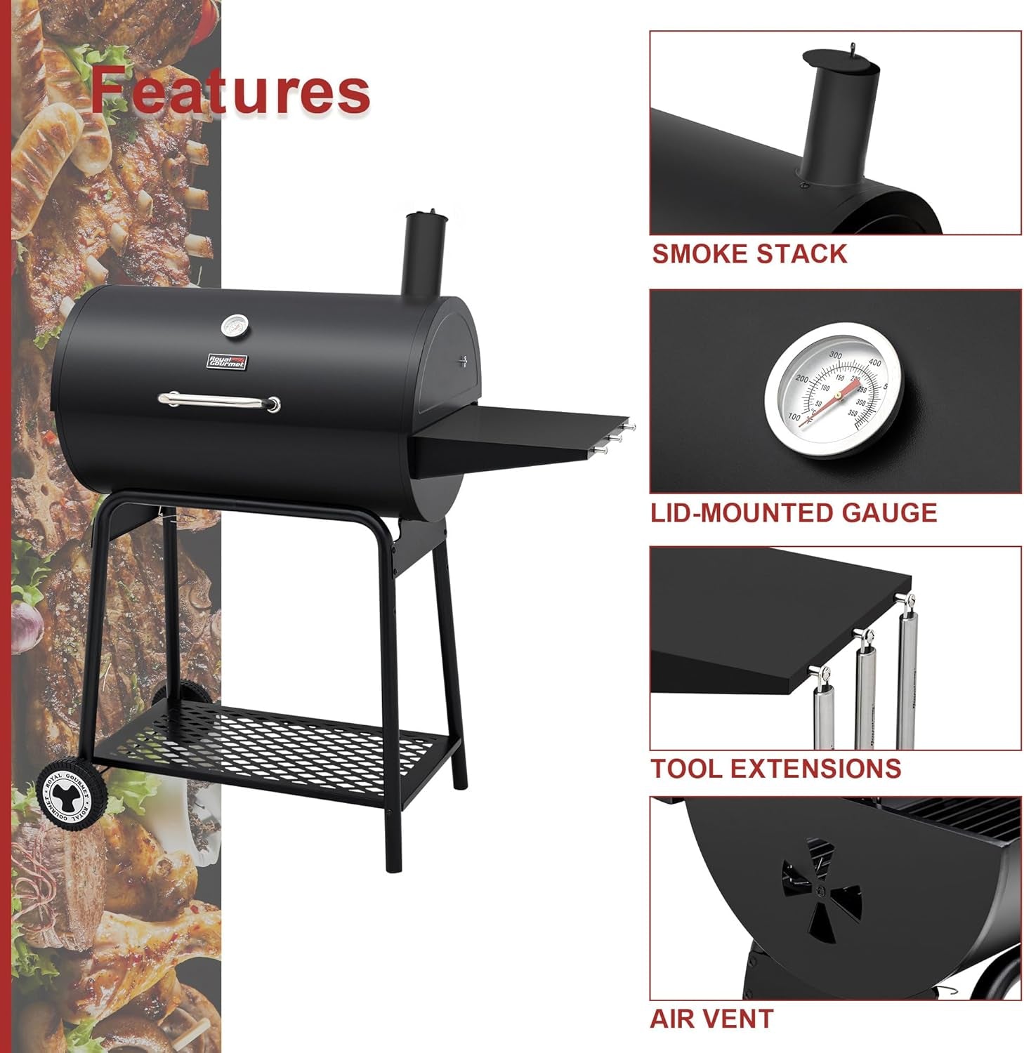 30 Inch Barrel Charcoal Grill With 627 Square Inches Cooking Space
