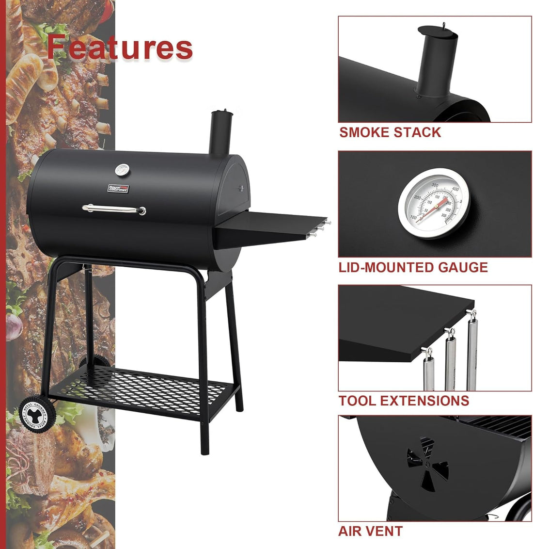 30 Inch Barrel Charcoal Grill With 627 Square Inches Cooking Space