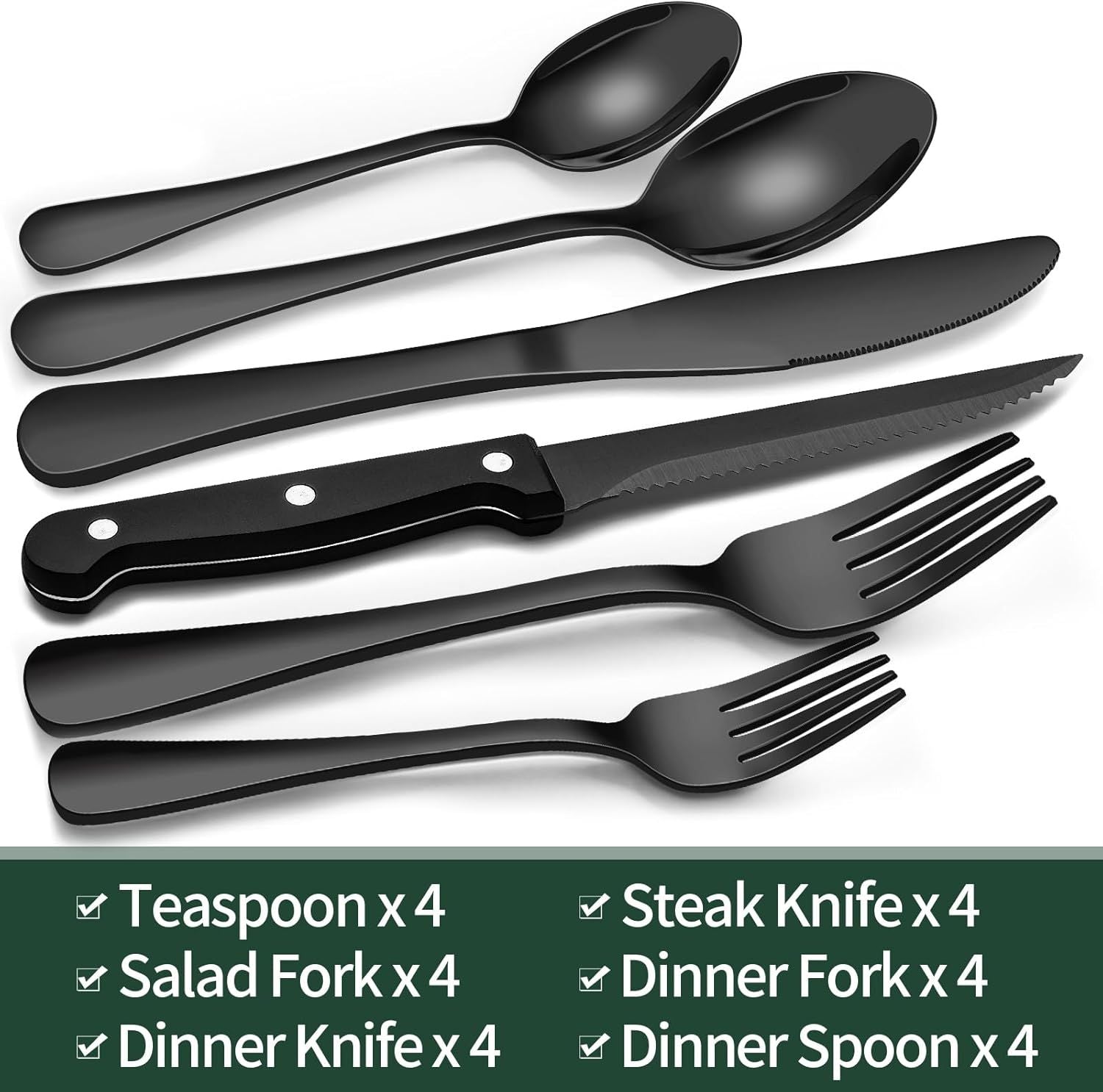 24-Piece Black Silverware Set with Steak Knives, Black Flatware Set