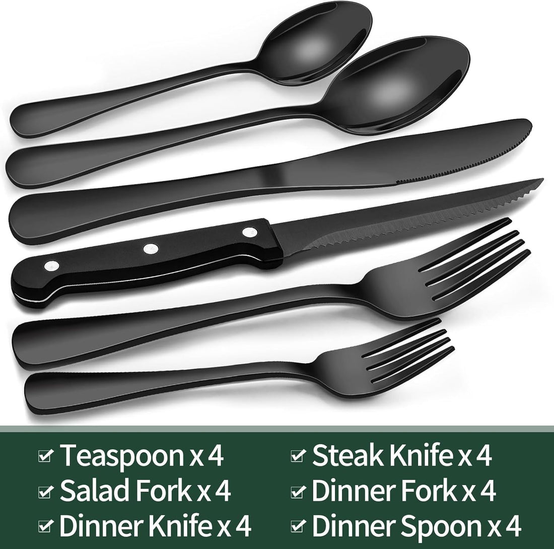 24-Piece Black Silverware Set with Steak Knives, Black Flatware Set