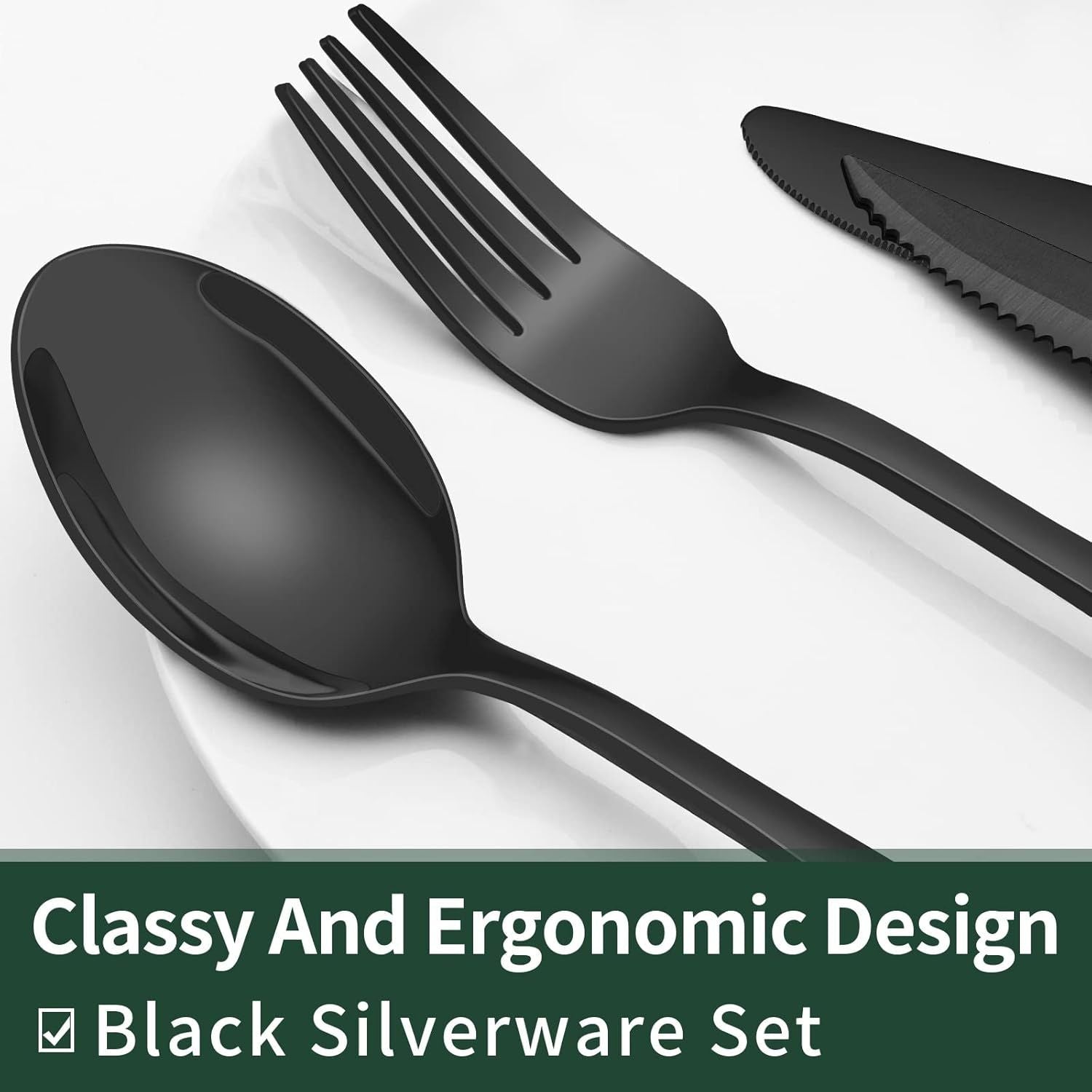 24-Piece Black Silverware Set with Steak Knives, Black Flatware Set