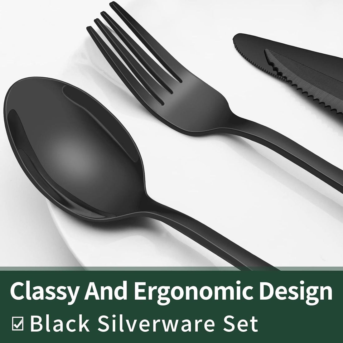 24-Piece Black Silverware Set with Steak Knives, Black Flatware Set