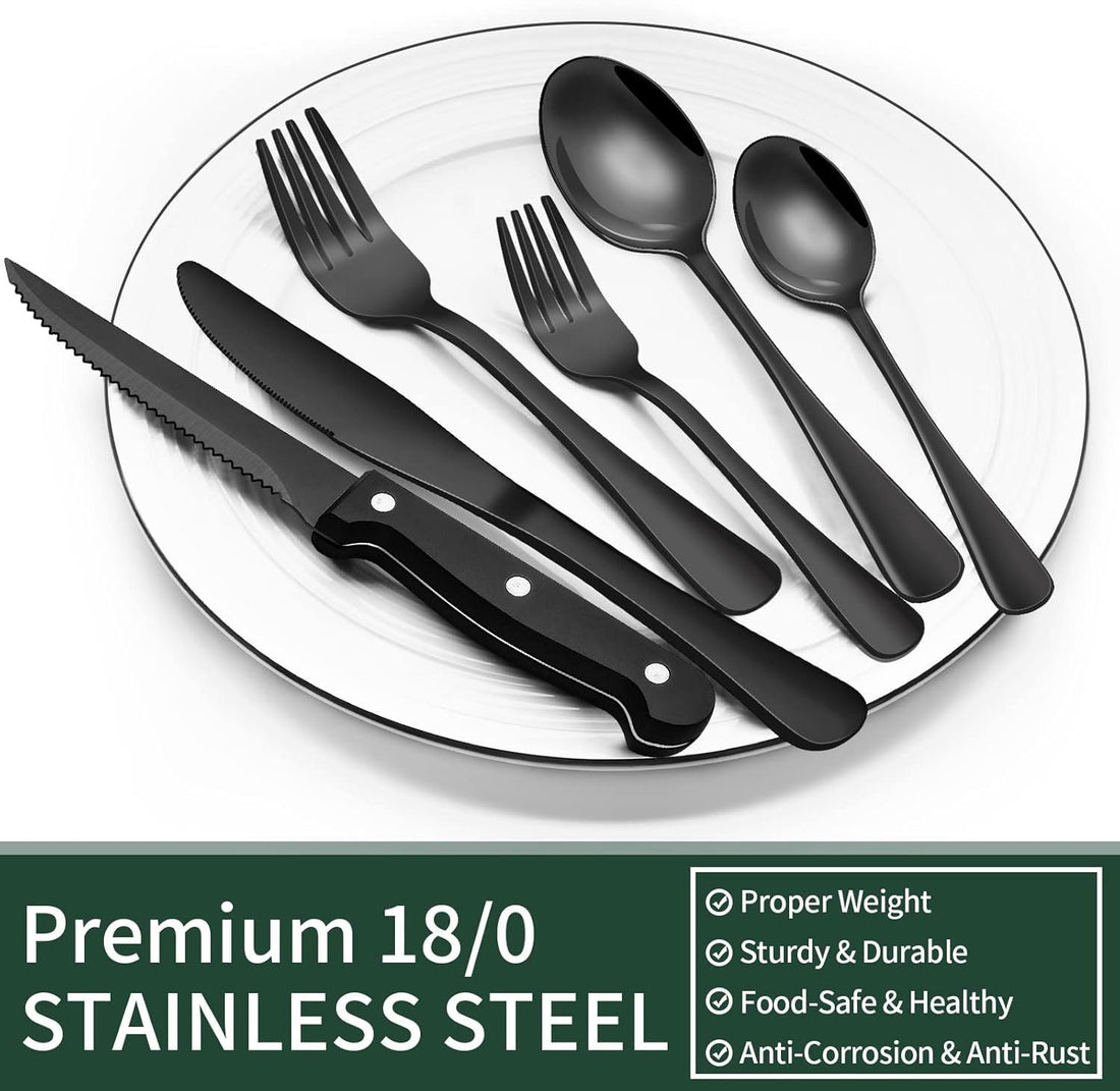 24-Piece Black Silverware Set with Steak Knives, Black Flatware Set