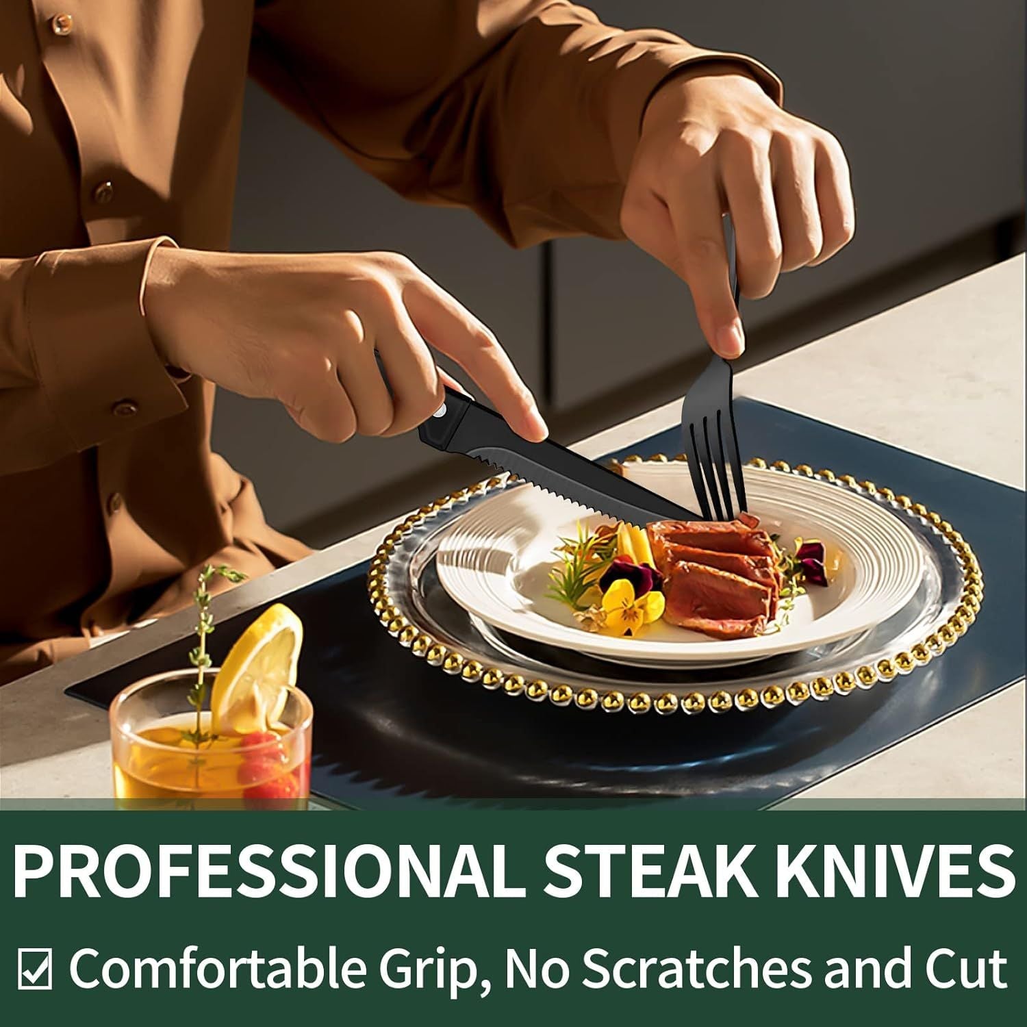 24-Piece Black Silverware Set with Steak Knives, Black Flatware Set