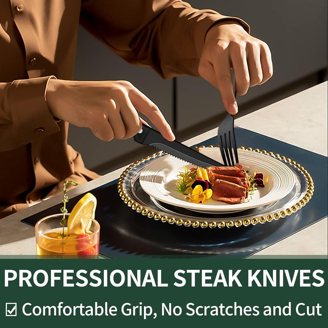 24-Piece Black Silverware Set with Steak Knives, Black Flatware Set