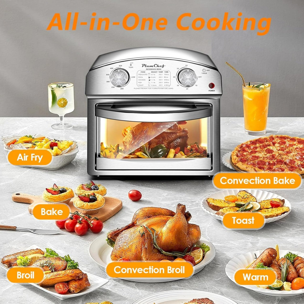 Stainless Steel 12.5 Qt Air Fryer, Dual Knob Control, 60-Min Timer,