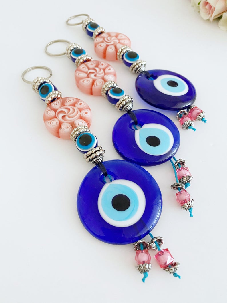 Blue Evil Eye Wall Hanging, Wall Hanging, Home Decoration, Pink Bead
