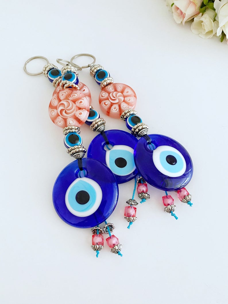 Blue Evil Eye Wall Hanging, Wall Hanging, Home Decoration, Pink Bead